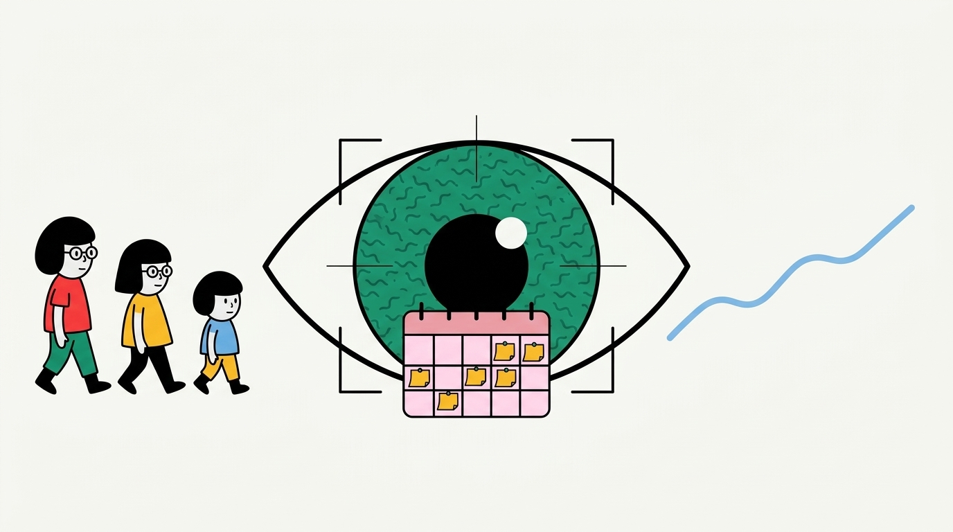 Agenda d'une clinique ophtalmologique qui se remplit, vu à travers un oeil