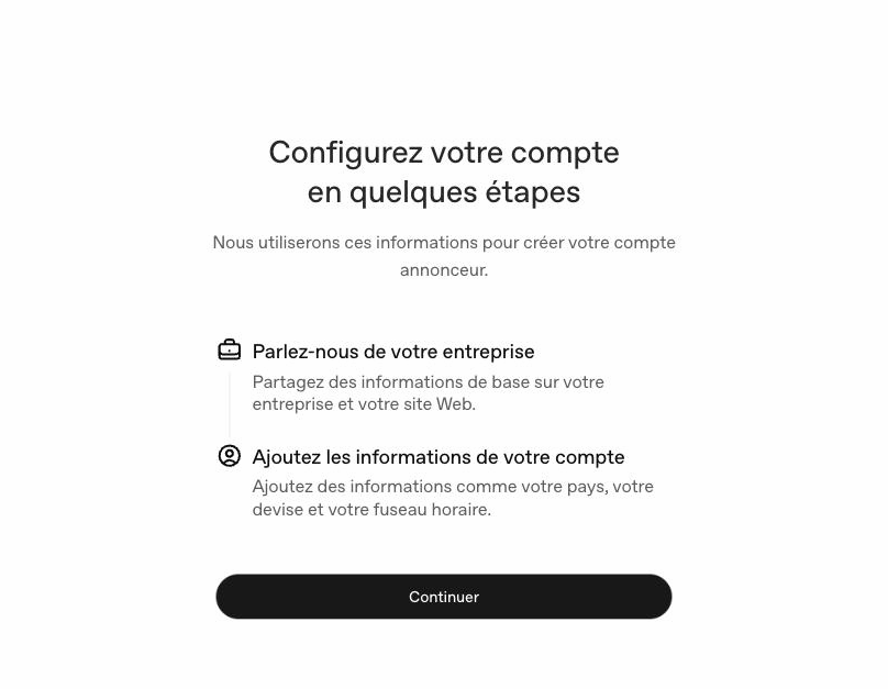 Ecran d'accueil de la creation d'un compte annonceur ChatGPT Ads