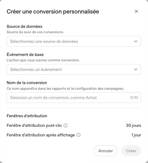 Fenetre Creer une conversion personnalisee dans ChatGPT Ads Manager avec les fenetres d'attribution