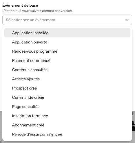 Liste des evenements de base de conversion ChatGPT Ads