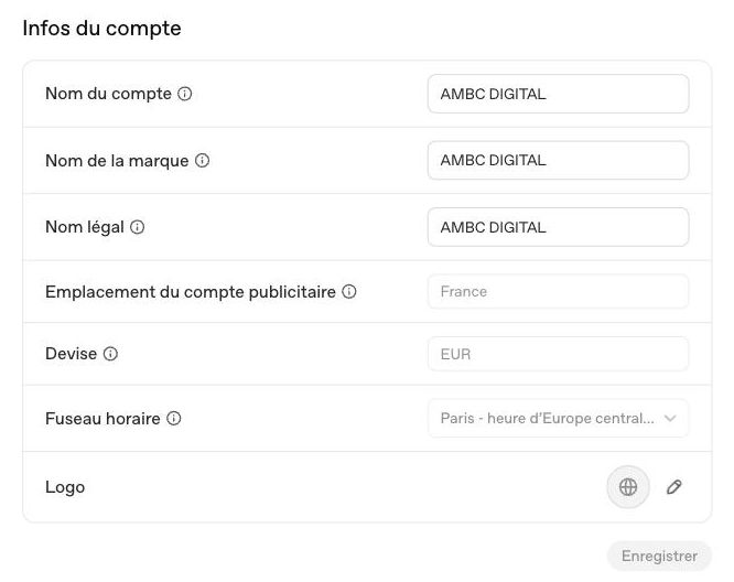 Parametres ChatGPT Ads Manager : nom du compte, nom de la marque, nom legal et logo