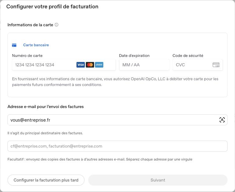 Configurer le profil de facturation ChatGPT Ads : carte bancaire et e-mail des factures