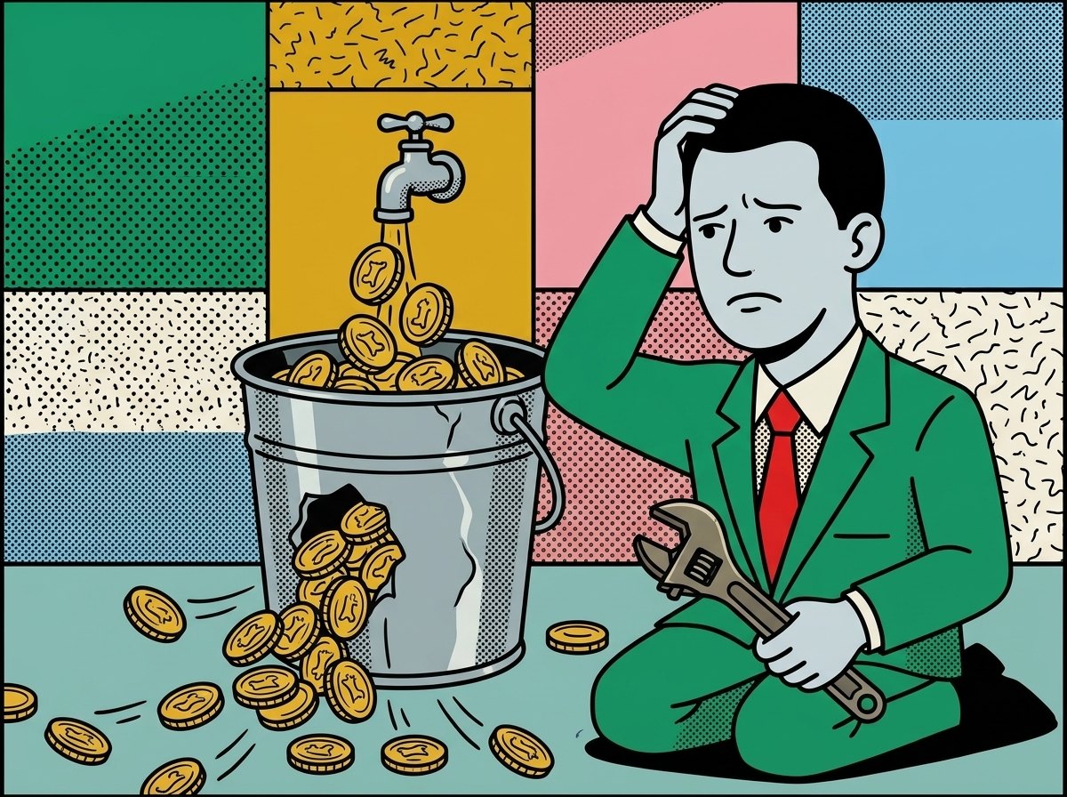 Seau percé qui laisse échapper des pièces, image du budget Google Ads dépensé sur de mauvaises requêtes