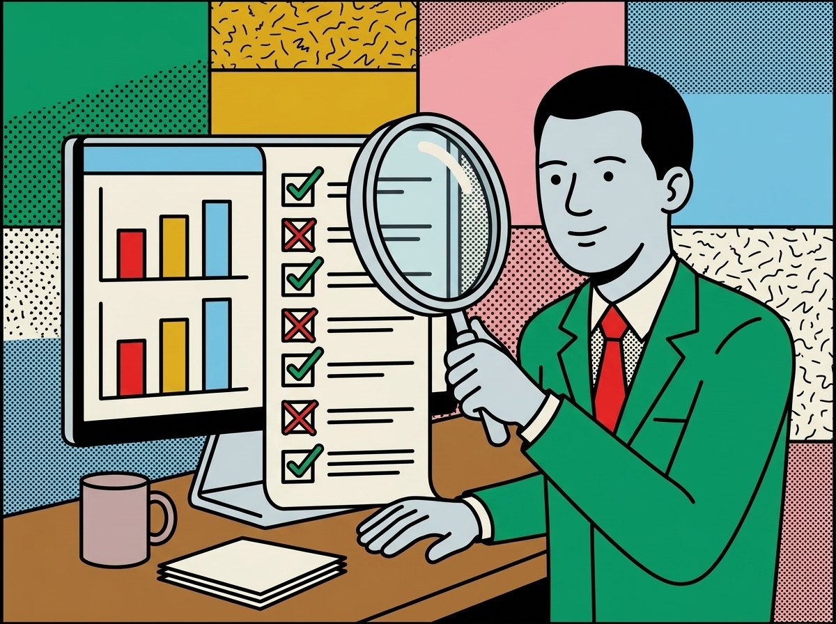 Consultant qui vérifie un tableau de bord Google Ads à la loupe avec une checklist