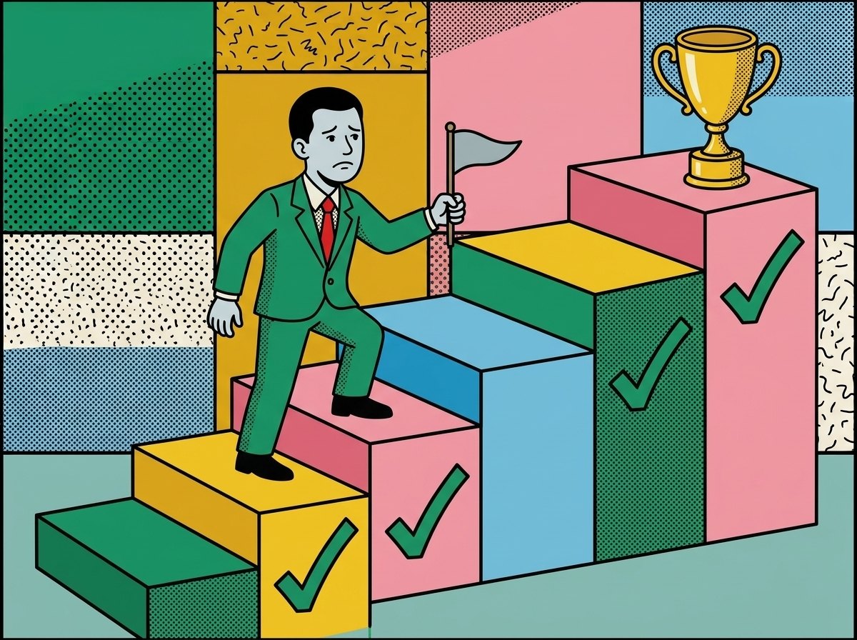 Escalier de sept marches colorées représentant les sept blocs de l'audit Google Ads