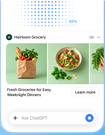 Aperçu publié par OpenAI du format visuel ChatGPT Ads : carrousel d'images affiché pendant la génération
