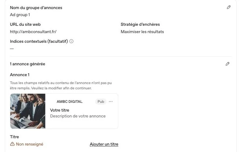 Groupe d'annonces gnr par Ads Manager avec la stratgie Maximiser les rsultats et une annonce complter